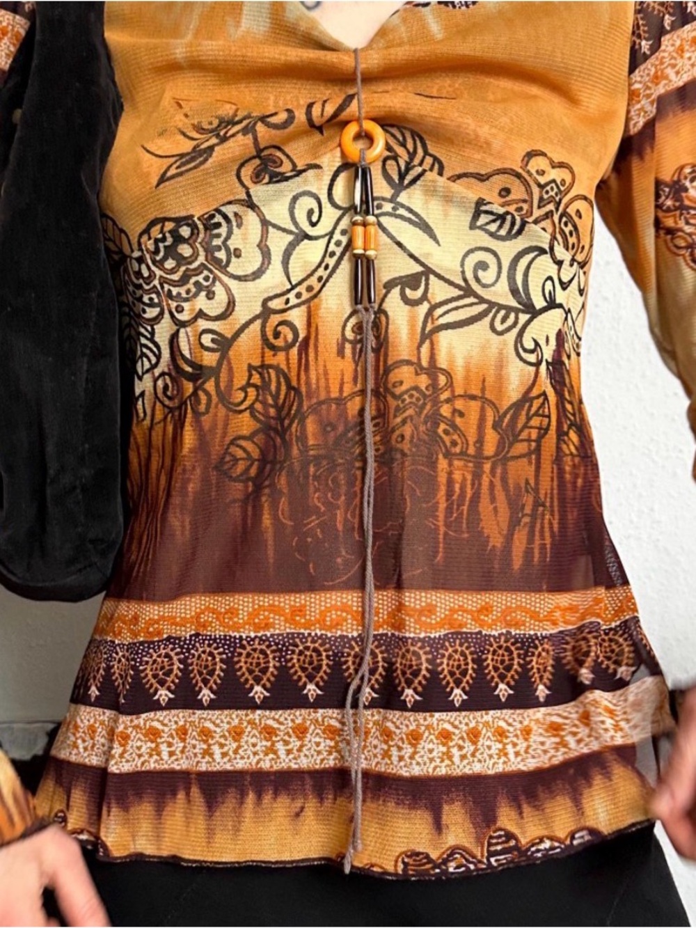 Vintage Boho-style tunic with intricate floral and scroll prints